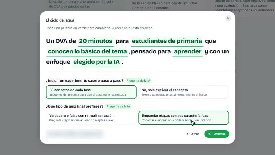 Ovafy generando un OVA: el borrador de «El ciclo del agua» con opciones para ajustar