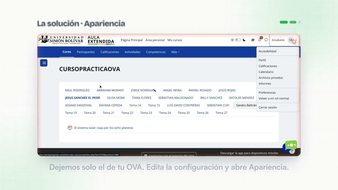 Actividad de Moodle con el menú de la plataforma y el menú del OVA al mismo tiempo