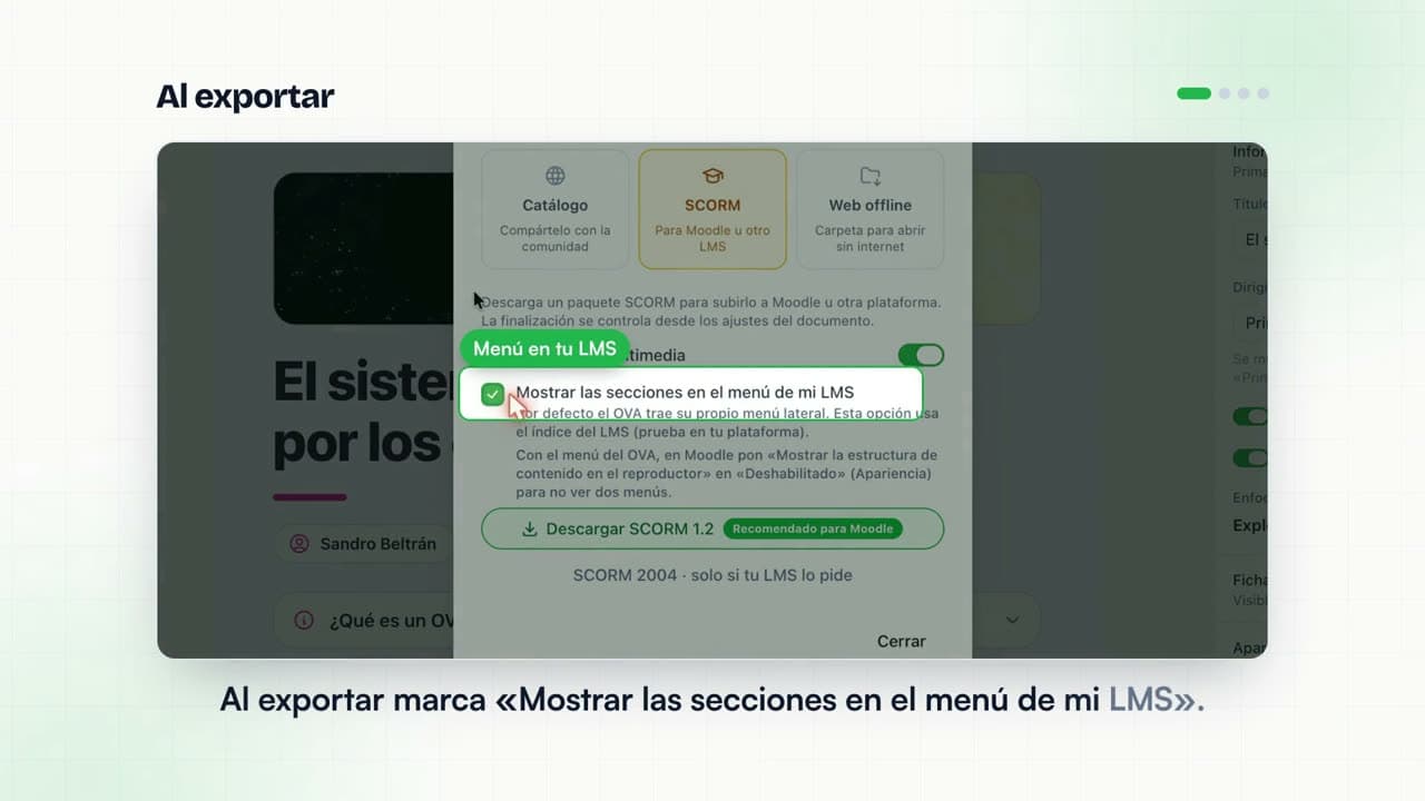 Moodle con las secciones del OVA listadas en el panel lateral de la actividad