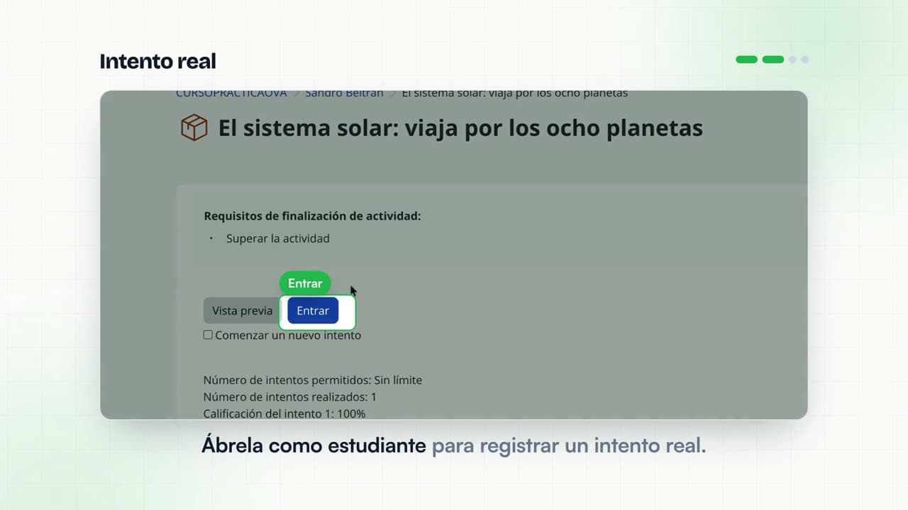 Informe de la actividad SCORM en Moodle con el estado Pasado y el puntaje de un intento